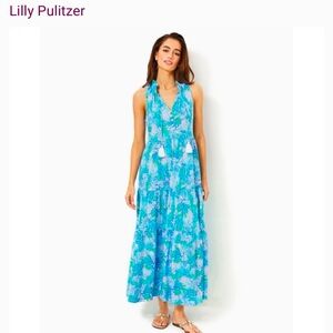 Lilly Pulitzer Malone Sleeveless Tiered Cotton Maxi Dress in Las Olas Aqua XXL